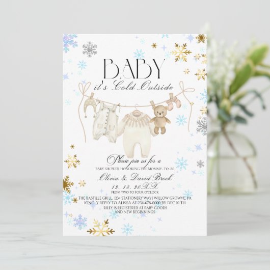 Invitation Winter Snowflakes Silver and Gold  Baby Shower  (Debout devant)