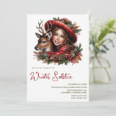 Invitation Winter Solstice Holly Girl & Deer Holiday Forest (Debout devant)