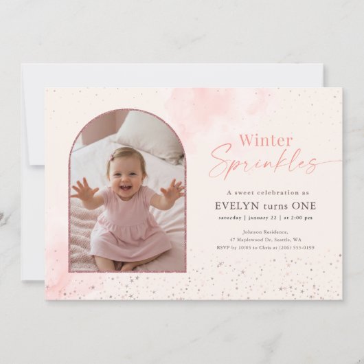 Invitation Winter Sprinkles Baby Arch Photo First Birthday (Devant)