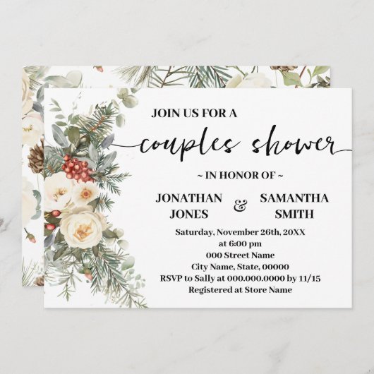 Invitation Winter White Flowers Couples Shower (Devant / Derrière)
