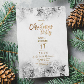 Invitation Winter white gold gray snow leaves Christmas Party