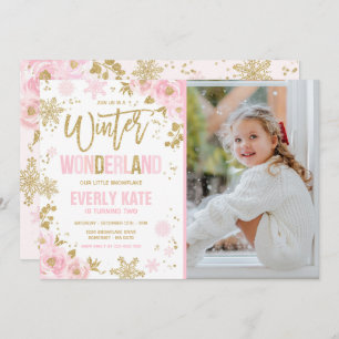Invitation Winter Wonder Anniversaire Gold Pink Snowflake