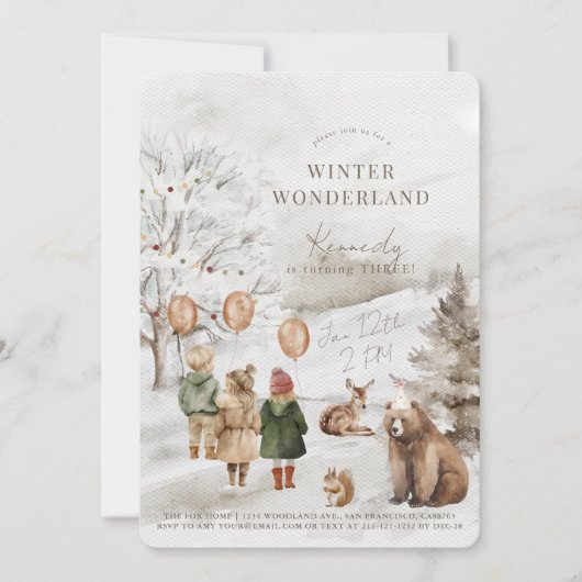 Invitation Winter Wonderland Animaux et Anniversaires de enfa (Devant)