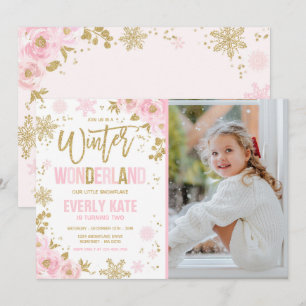 Invitation Winter Wonderland Anniversaire Gold Pink Snowflake