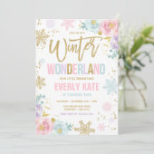 Invitation Winter Wonderland Anniversaire Gold Pink Snowflake (Debout devant)