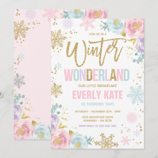 Invitation Winter Wonderland Anniversaire Gold Pink Snowflake (Devant / Derrière)