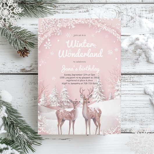 Invitation Winter Wonderland Anniversaire | Rose doux & Cerf