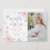 Invitation Winter Wonderland Anniversaire Silver Pink Snowfla (Devant)