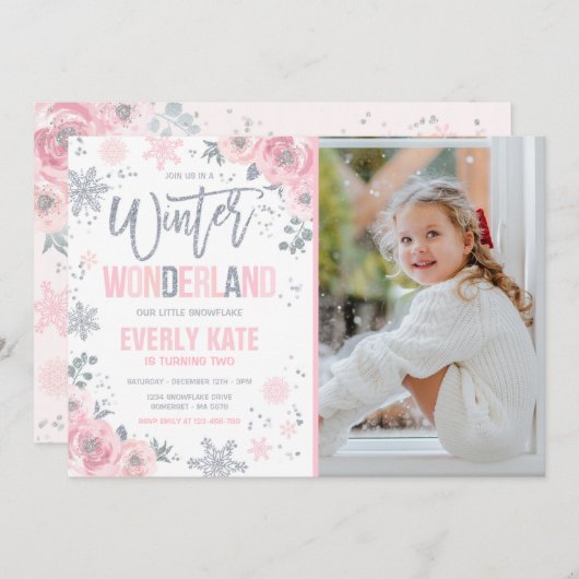 Invitation Winter Wonderland Anniversaire Silver Pink Snowfla (Devant / Derrière)