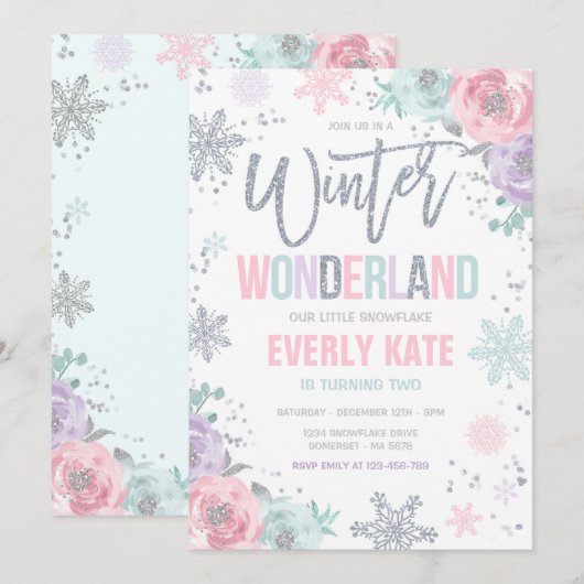 Invitation Winter Wonderland Anniversaire Silver Pink Snowfla (Devant / Derrière)