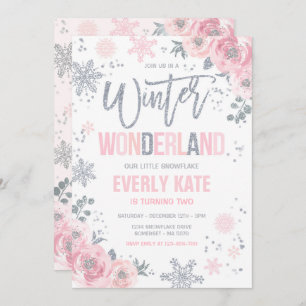 Invitation Winter Wonderland Anniversaire Silver Pink Snowfla