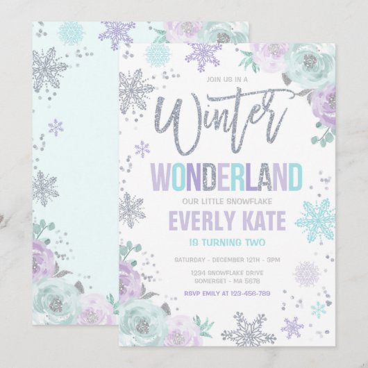 Invitation Winter Wonderland Anniversaire Silver Purple Snowf (Devant / Derrière)