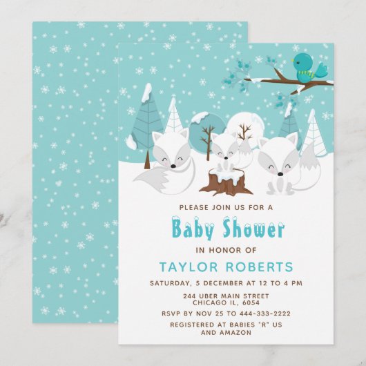 Invitation Winter Wonderland Arctic Fox Baby shower (Devant / Derrière)