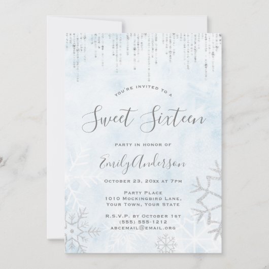 Invitation Winter Wonderland Bleu Argent Neige Douce glace 16 (Devant)