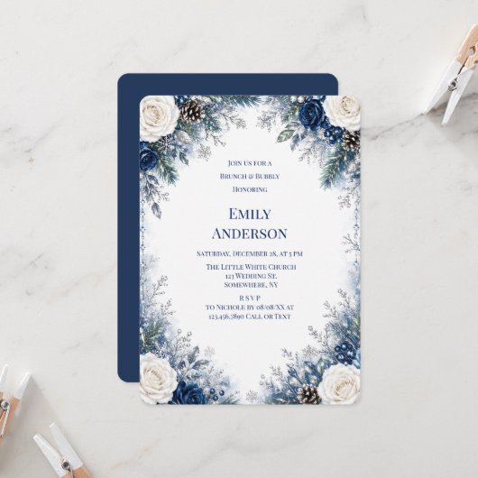 Invitation Winter Wonderland Bleu Rose Blanche Brunch & Bubbl (Devant/Arrière en situation)