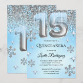 Invitation Winter Wonderland Blue Silver Balloons Quinceanera (Devant / Derrière)