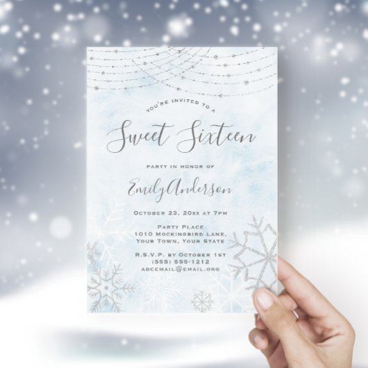 Invitation Winter Wonderland Blue Silver Snowflake Sweet 16