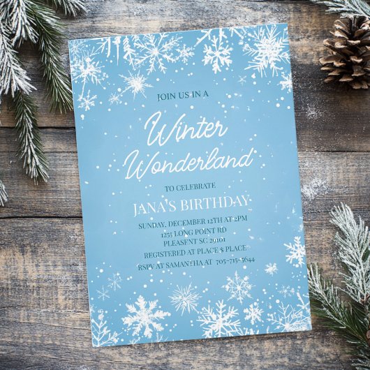 Invitation Winter Wonderland Blue Snowflake Birthday