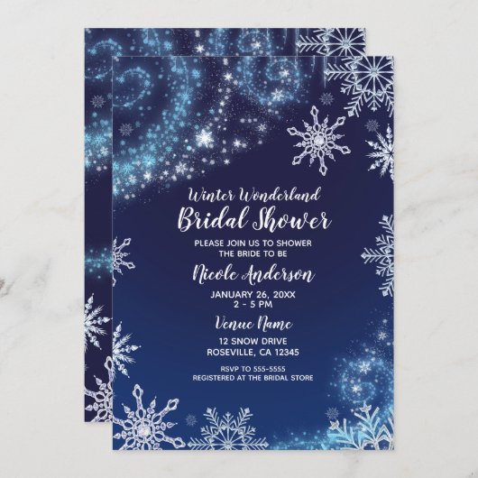 Invitation Winter Wonderland Blue & White Sparkies Snowflakes (Devant / Derrière)