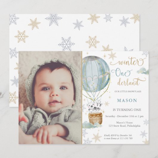 Invitation Winter Wonderland Boy first Birthday Photo (Devant / Derrière)