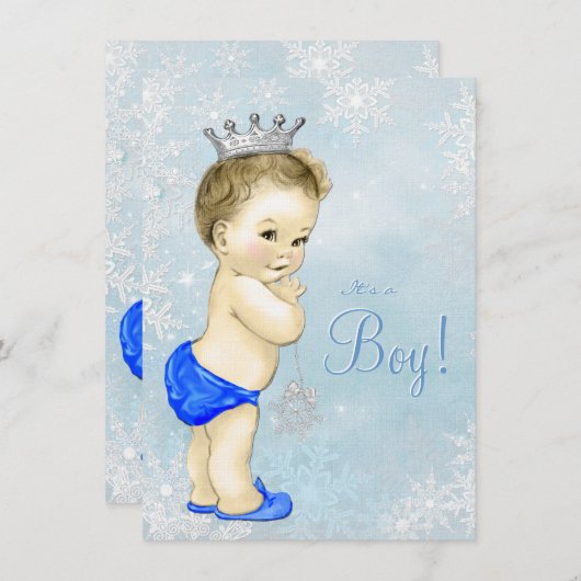 Invitation Winter Wonderland Boys Blue Snowflake Baby shower (Devant / Derrière)