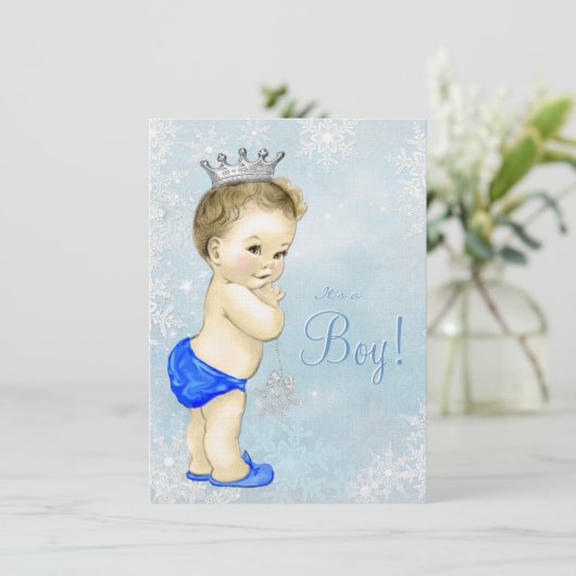 Invitation Winter Wonderland Boys Blue Snowflake Baby shower (Debout devant)