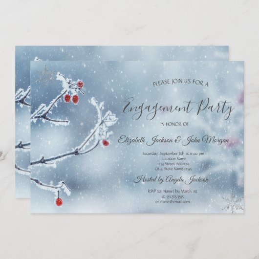 Invitation Winter Wonderland Branches Fiançailles bleu (Devant / Derrière)