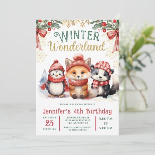 Invitation Winter Wonderland Cute Snow Animaux 4e anniversair (Debout devant)