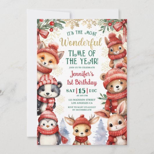 Invitation Winter Wonderland Cute Winter Animaux 1er Annivers (Devant)