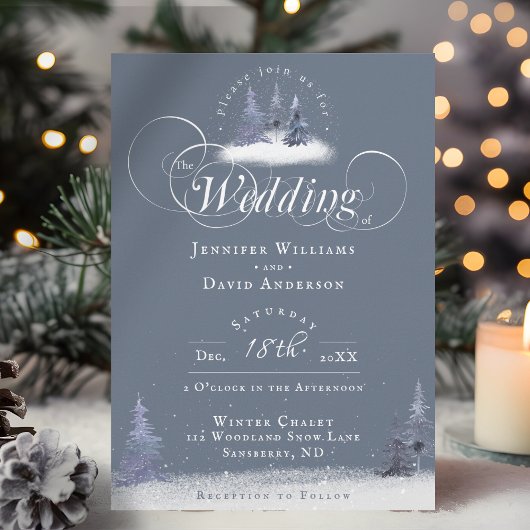 Invitation Winter Wonderland Dusty Blue Pine Mariage de neige