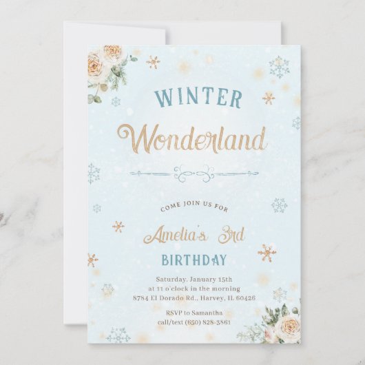 Invitation Winter Wonderland Girl Frozen Neige fête d'anniver (Devant)