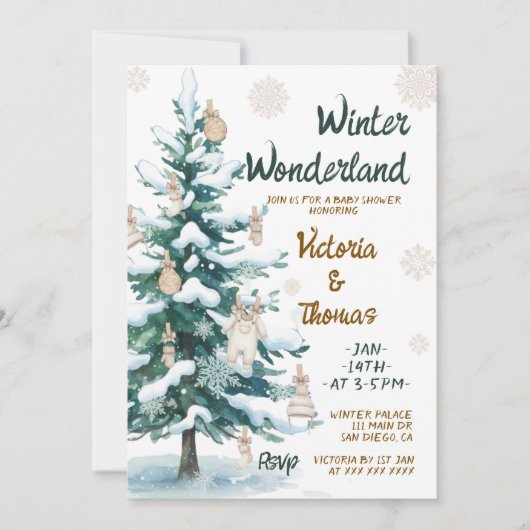 Invitation Winter Wonderland Green Neutral Baby Shower (Devant)