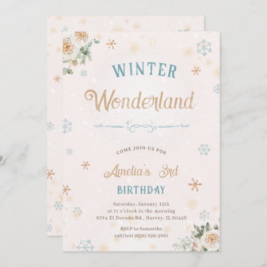 Invitation Winter Wonderland Ice Neige Princesse Fille Annive (Devant / Derrière)