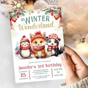 Invitation Winter Wonderland mignons animaux de neige 3e anni