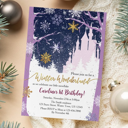 Invitation Winter Wonderland Neige Princess Castle Bleu pourp