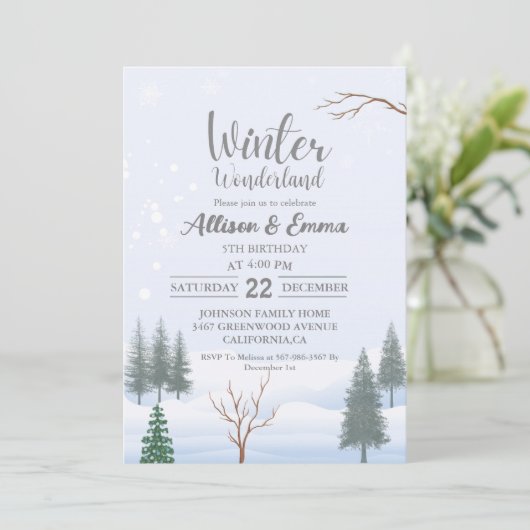 Invitation Winter Wonderland Noël Anniversaire Twin Party (Debout devant)