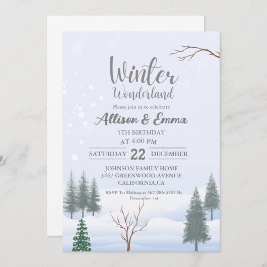 Invitation Winter Wonderland Noël Anniversaire Twin Party (Devant / Derrière)