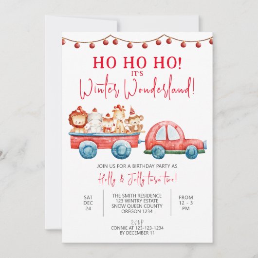 Invitation Winter Wonderland Party, Xmas Twins Anniversaire,  (Devant)