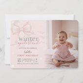 Invitation Winter Wonderland Pink Bow Photo First Birthday (Devant)