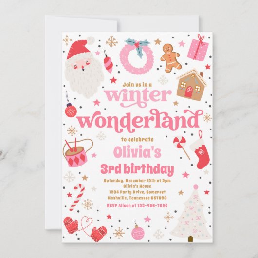 Invitation Winter Wonderland Pink Noël fête d'anniversaire (Devant)