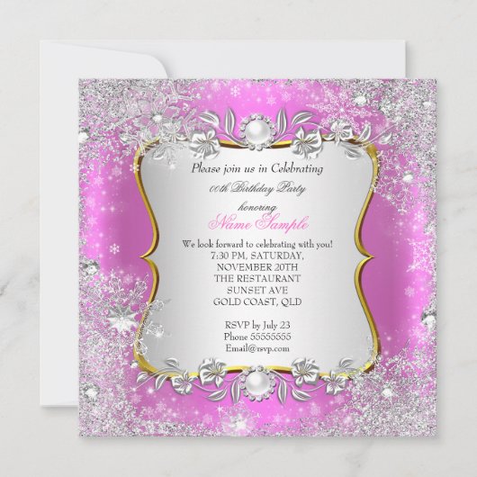 Invitation Winter Wonderland Pink Silver Snowflake Anniversai (Devant)