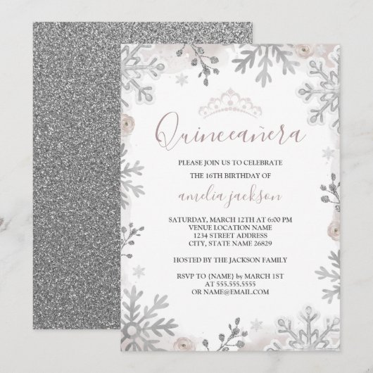 Invitation Winter Wonderland Quinceanera Blush Silver (Devant / Derrière)