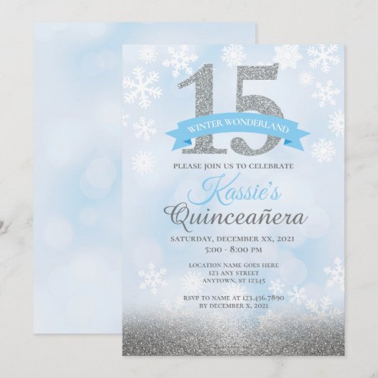 Invitation Winter Wonderland Quinceañera Silver Blue Annivers (Devant / Derrière)