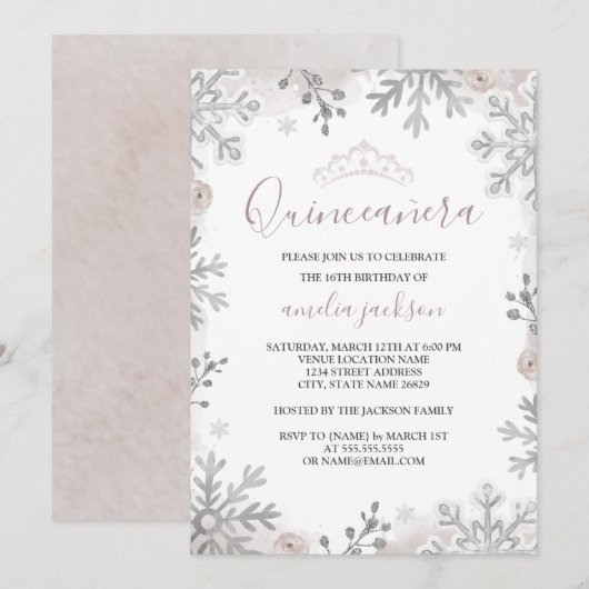 Invitation Winter Wonderland Quinceanera Silver Blush (Devant / Derrière)