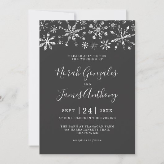 Invitation Winter Wonderland Silver Black Snowflake Mariage (Devant)