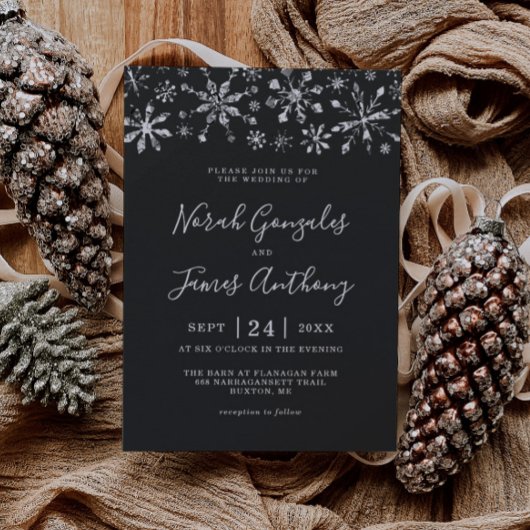 Invitation Winter Wonderland Silver Black Snowflake Mariage