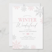 Invitation Winter Wonderland Silver Pink Glitter 1st Birthday (Devant)