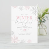 Invitation Winter Wonderland Silver Pink Glitter 1st Birthday (Debout devant)