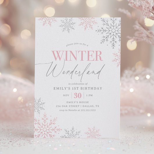 Invitation Winter Wonderland Silver Pink Glitter 1st Birthday