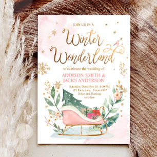 Invitation Winter Wonderland Sleigh Pink Gold Rustique Mariag